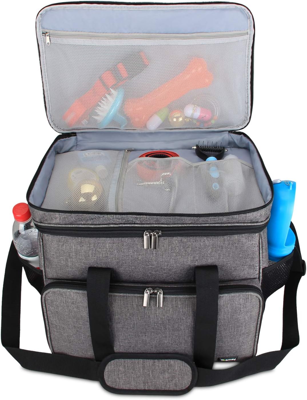 Teamoy Double Layer Dog Travel Bag, Dog Bag for Supplies with 2 Silicone Collapsible Bowls, 2 Food Carriers, 1 Water-Resistant Placemat, Pet Supplies Weekend Tote Organizer (Large, Gray) - Image 2