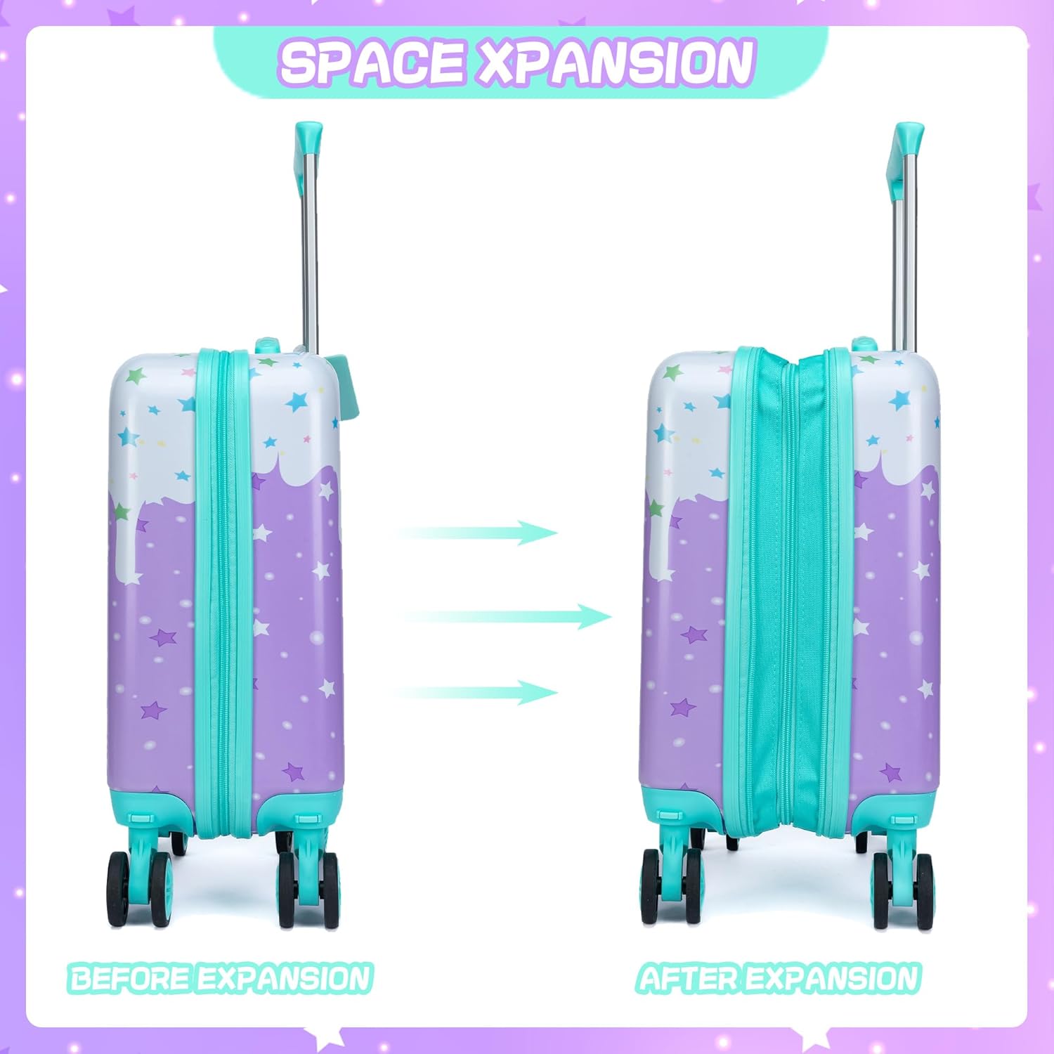 Cute Cat Kid’s Luggage Set 5 Piece Suitcase Set 16’’ Hardside Luggage with Spinner Wheels Girls Boys Carry on Toddler Luggage Travel Rolling Luggage Carry on Luggage Airline Approved - Image 3