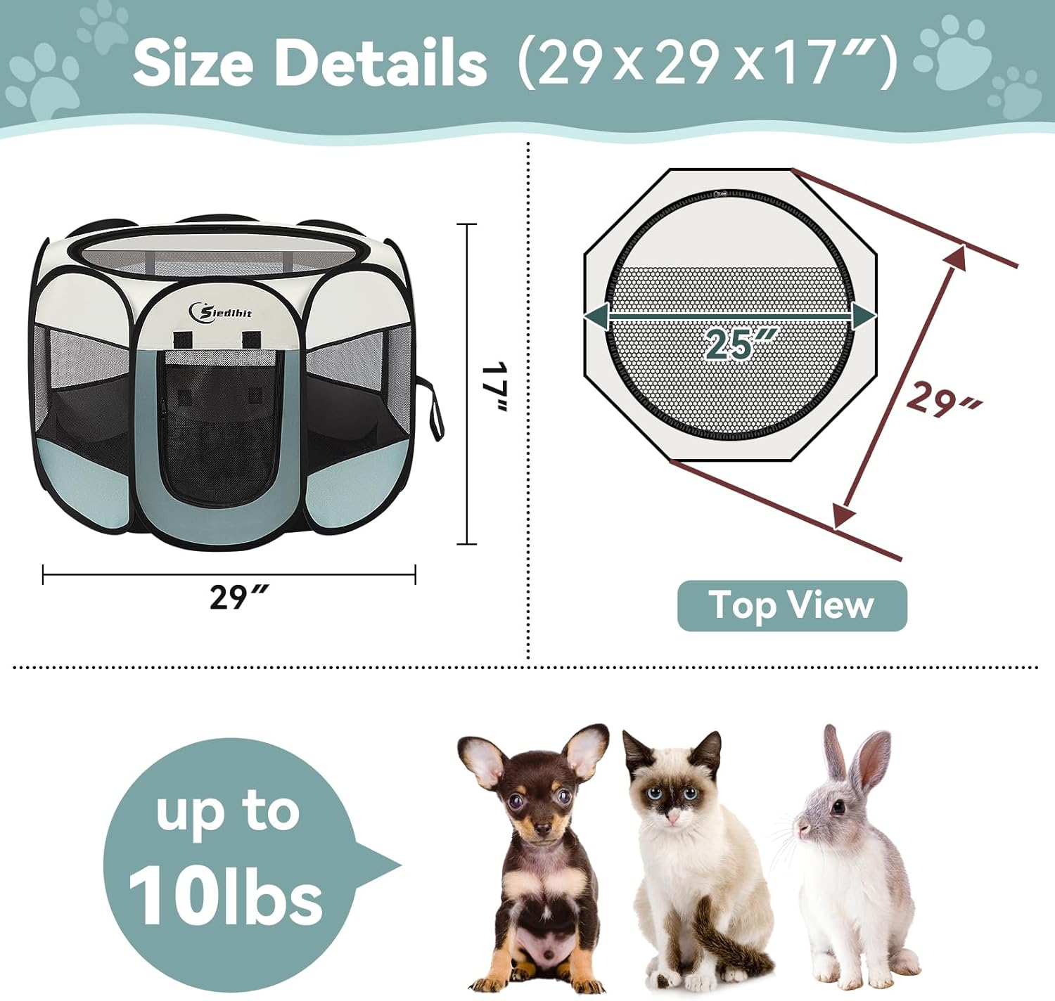 Dog Cat Playpen, Puppy Pet Playpen Indoor for Small Dogs Tent Crates Cage Outdoor, Portable Pop Up Dog Kennel Playpen with Carrying Case for Dogs/Cats/Rabbits, Removable Zipper Top, Grey - Image 3