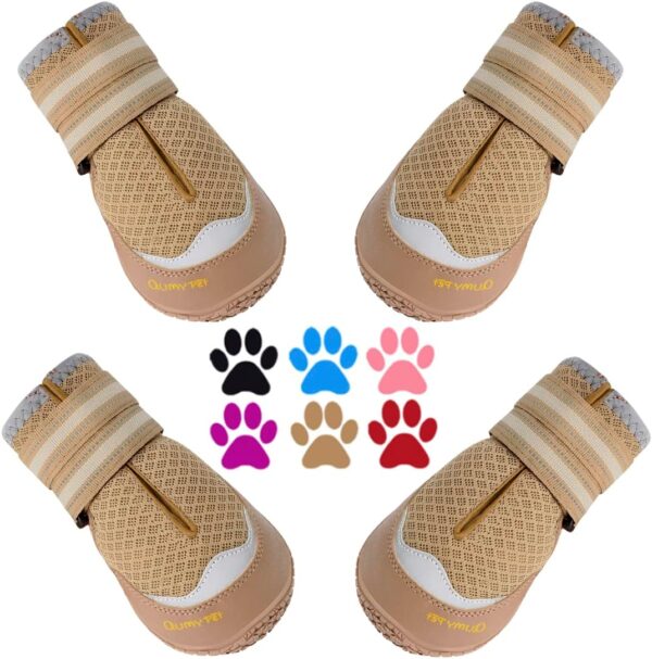 QUMY 4PCS Dog Boots for Large Dogs, Medium Dog Shoes & Paw Protectors for Hot Pavement, Summer Heat Protection, Mesh Breathable Nonslip Dog Booties for Hardfloors, Walking Running Hiking Khaki Size 8