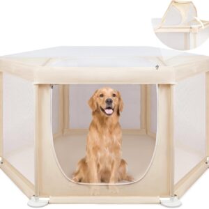 58.3"x58.3"x29.9" Large Dog Playpen Indoor, Extra Tall Puppy Playpen with Removable Roof, Sturdy Fabric Dog Pen for Medium to Large Pets, Spacious Hexagonal Pet Playpen Indoor for Comfort & Security