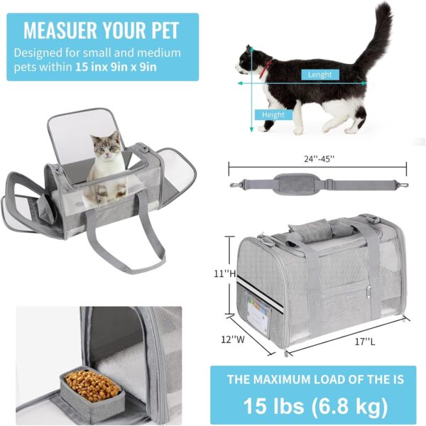 Soft Sided Cat Carrier for Small Cats Puppies up to 15 Lbs, Airline Approved Pet Carrier Collapsible Travel Puppy Carrier with Reflective Strip, Grey - Image 2