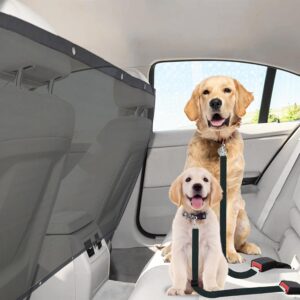 SunGrow  Dog Seat Belts with Barrier, 2 Adjustable 28″ Nylon Belts, 24″ x 45″ Micro Mesh Net Divider for Cars, SUVs, and Trucks, 4 Hooks and Luggage Ropes for Assembly, Black, 1 Set per Pack