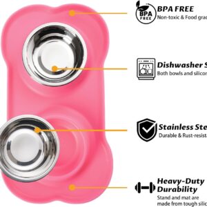 Hubulk Pet Dog Bowls 2 Stainless Steel Dog Bowl with No Spill Non-Skid Silicone Mat + Pet Food Scoop Water and Food Feeder Bowls for Feeding Small Medium Large Dogs Cats Puppies (S, Pink)