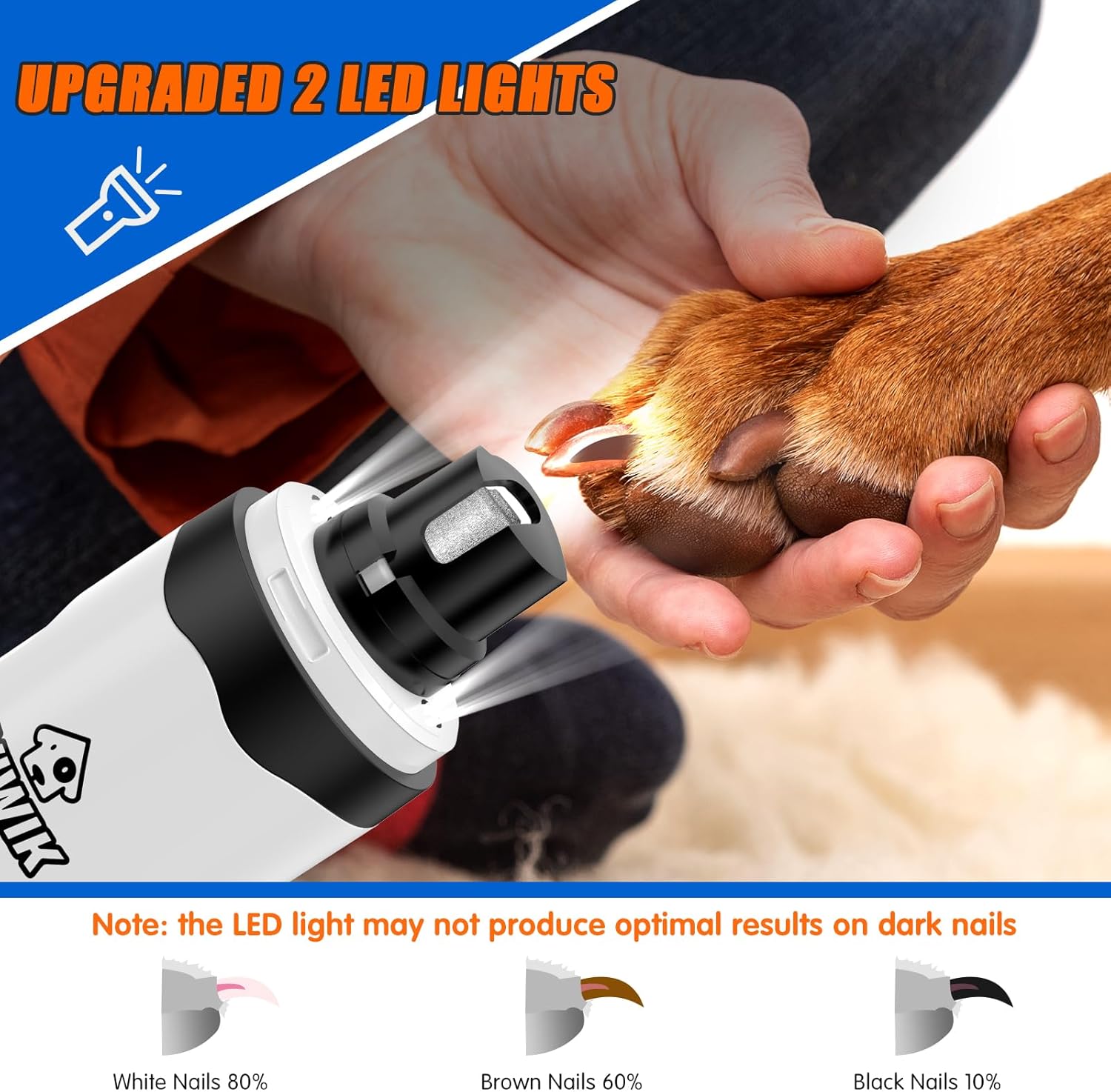 VIWIK Dog Nail Grinder with 2 LED Light, Dog Nail Trimmers, Quiet Dog Nail Clippers Kit for Large Medium Small Dog's Paw & Cat's Claw, Electric 2-Speed Pet Toenai Grinder, Gifts for Dog Lovers - Image 3