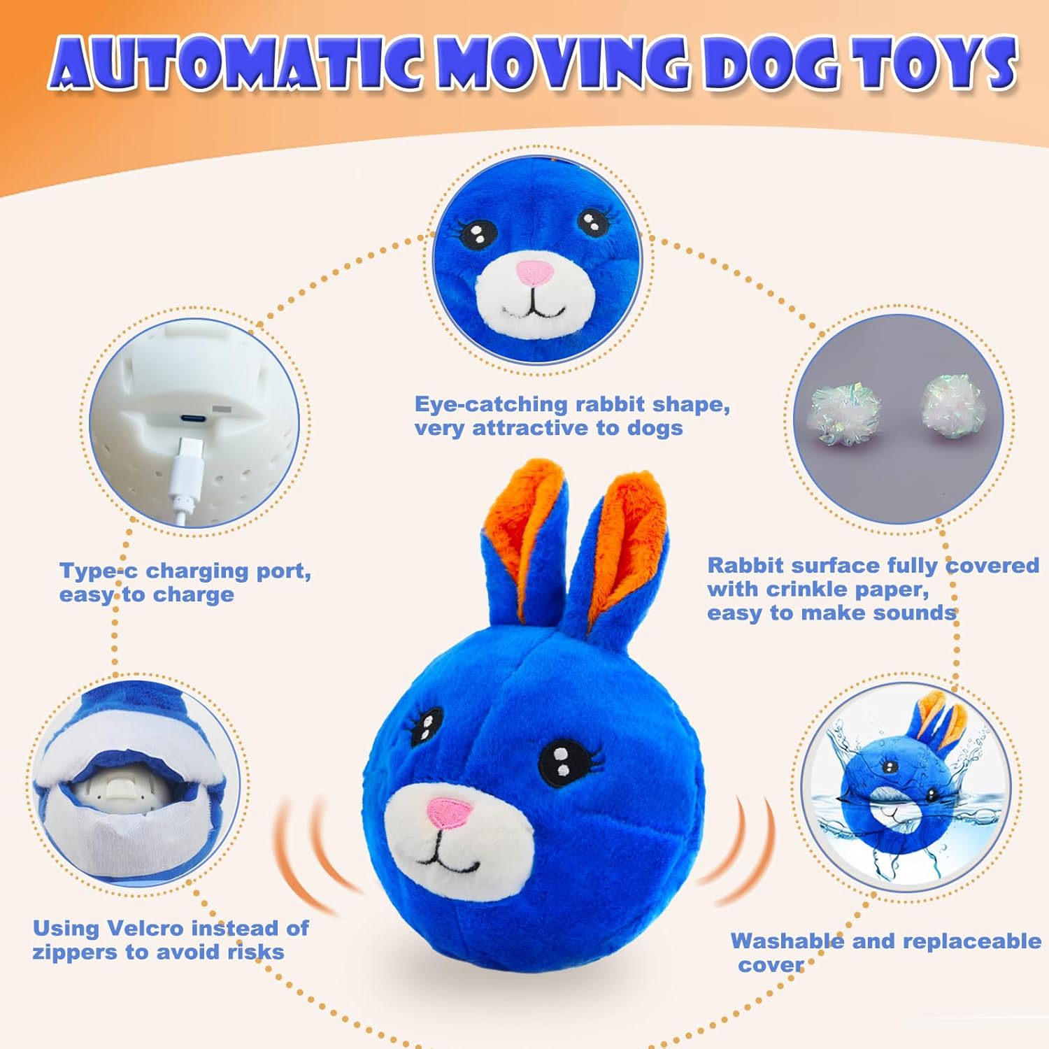 BABOLI Automatic Moving Dog Toy for Boredom, Attractive Bouncing Bunny Cover with a Talking and Vibrating Ball, USB-C Rechargeable Interactive Rabbit Dog Toy, Not for Aggressive Chewers - Image 2