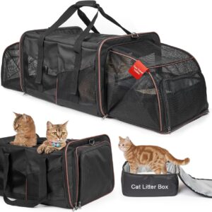Cat Travel Carrier with Litter Boxes for 2 Cats, Double-Compartment Soft Pet Carrier, Expandable Portable Cat Carrier for Car Travel, up to 35 lb Road Trip, Camping, Hiking, Black