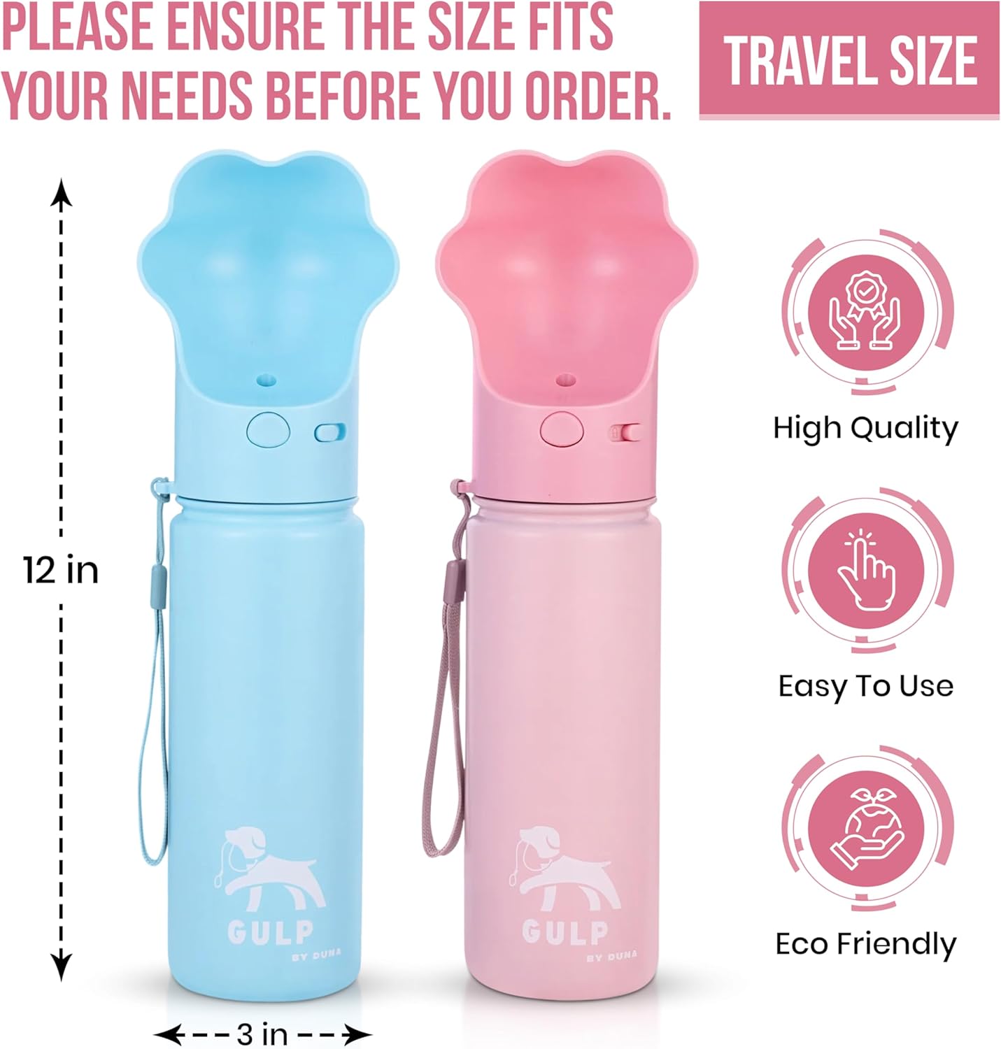 Gulp by Duna 18oz Insulated Stainless Steel | Travel Dog Water Bottle with Paw-Shaped Bowl, Leakproof | Portable with Carry Strap for Outdoor Walking, Hiking & Pet Hydration On-The-Go | Pink - Image 6
