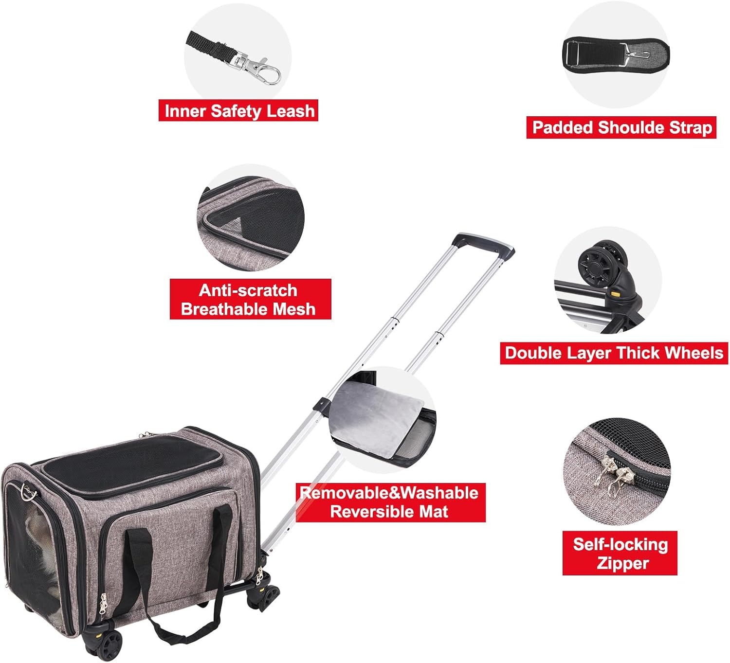 Happybuy Cat Carrier with Wheels, Airline Approved, Rolling Pet Carrier with Telescopic Handle, Shoulder Strap & Folding Bowl, Holds Pets up to 25 lbs, Grey - Image 7