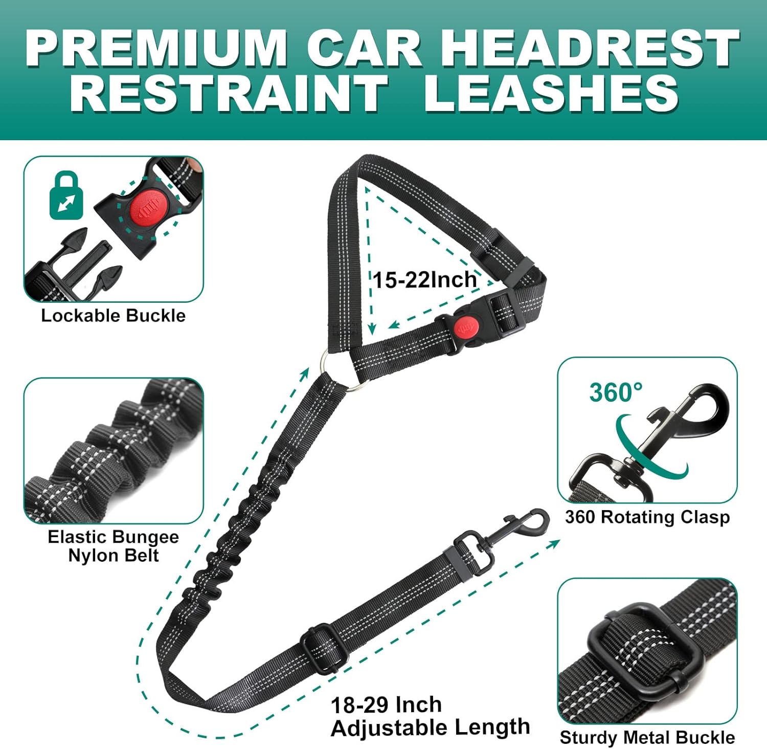 Junreox 2 Packs Dog Seat Belt, 3rd Generation Dog Seatbelt Harness with Adjustable Metal Buckle, Elastic Bungee Reflective Vehicle Car Headrest Restraint Tether for Small Medium Large Pet - Image 3