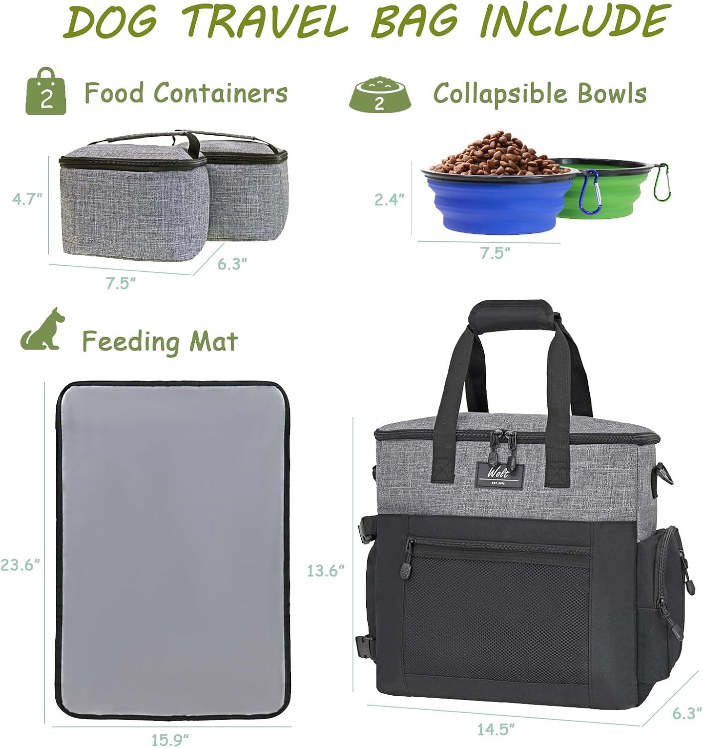 WOLT Dog Travel Bag Dog Bag for Traveling and Supplies with 2 Collapsible Bowls, 2 Food Containers, 1 Place Mat, Grey - Image 2
