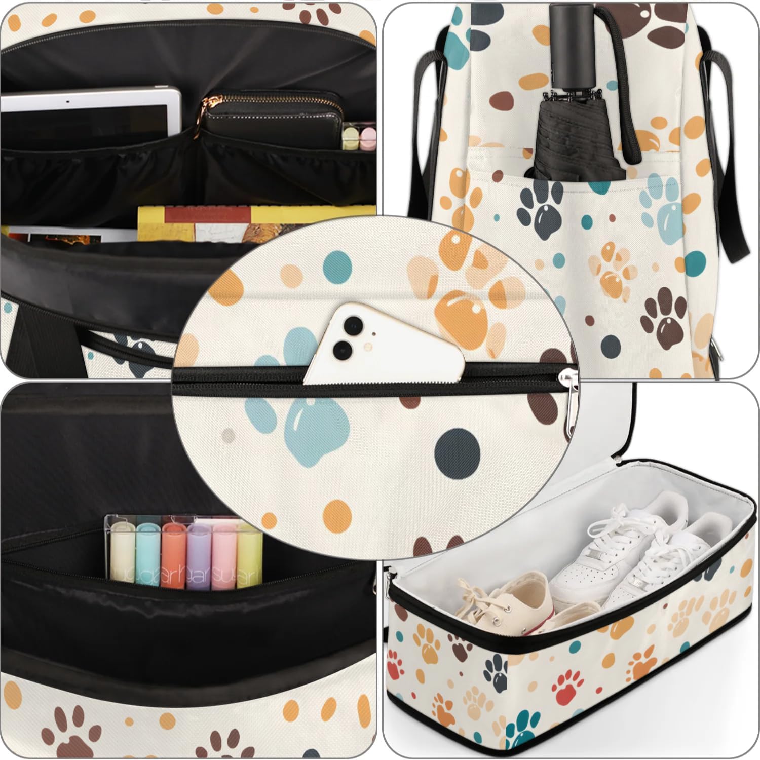 Foldable Travel Duffel Bag, Expandable Weekender Overnight Carry on Bags with Shoe Compartment Sport Tote Gym Luggage for Women Men, Dog Paws - Image 6