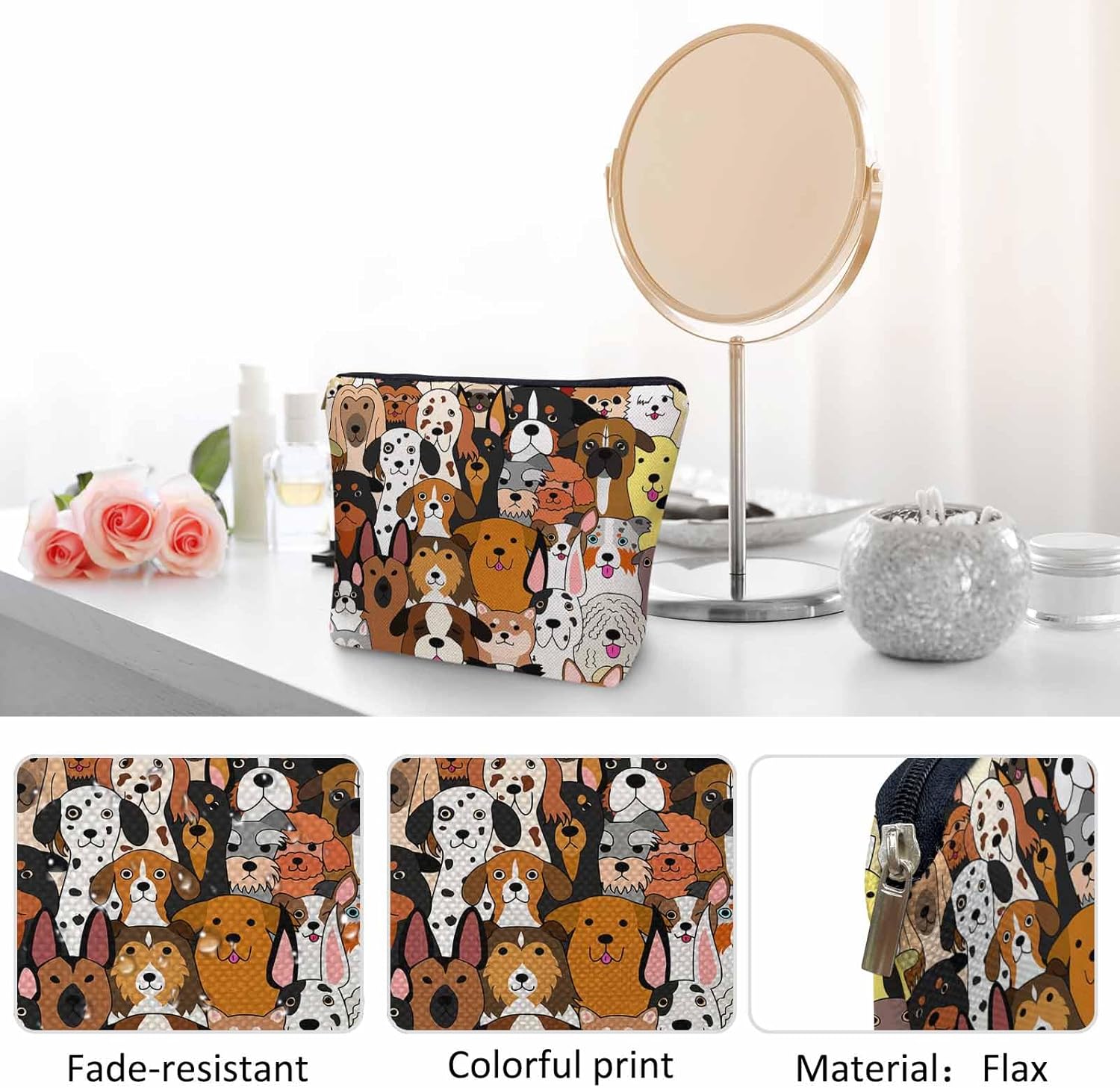 Dog Makeup Organizer Bag Cosmetic Bag For Men Women, Cute Puppy Pet Pug Dogs Travel Toiletry Bag Flax Makeup Bags Purse Business Makeup Pouch For Toiletries Cosmetics - Image 5