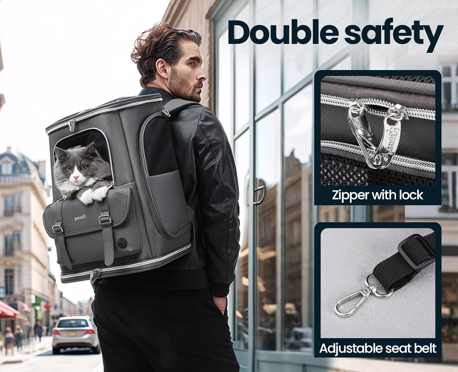 Pecute Cat Backpack Carrier,Anti-Gravity 30% Energy Saving, Dog Backpack with Waterproof PU Leather, Cat Carrier for Small Dog,Suitable for Climbing, Hiking, Traveling, Gray - Image 6