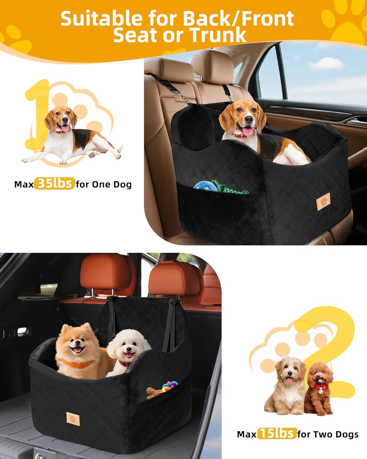 Car Seat Booster for Dog: High-Support Memory Foam Pet Car Seat for Small/Medium Dogs Under 35lbs with Elevated Cushion - Detachable Washable Puppy Travel Bed for Driving with Pockets (Black) - Image 6