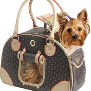 Fashion Dog Carrier PU Leather Dog Handbag Dog Purse Cat Tote Bag Pet Cat Dog Hiking Bag, Brown, Large 42 * 29 * 18cm