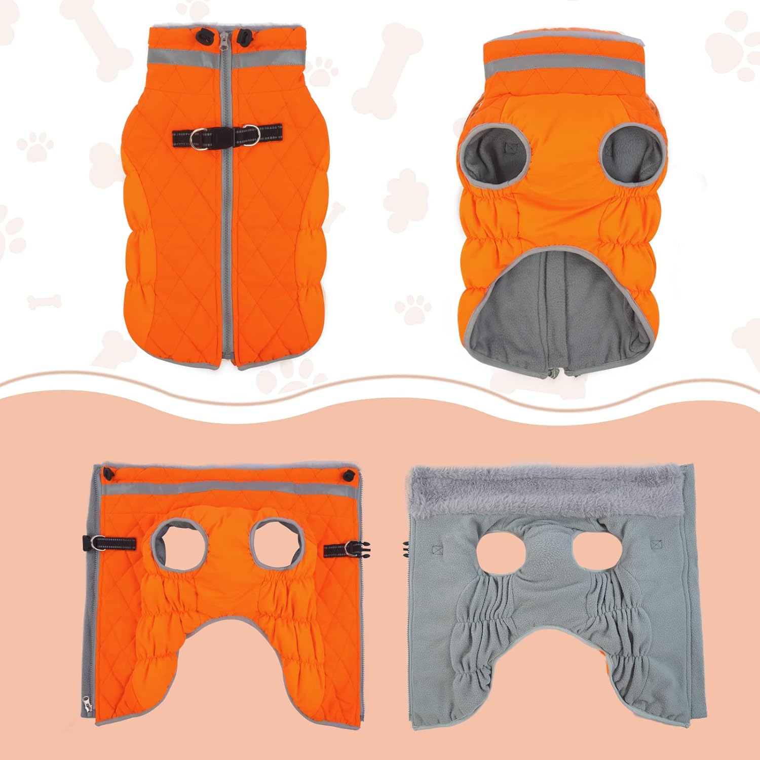 Lelepet Dog Coat with Harness Built in, Waterproof, Windproof, Reflective, Fleece Vest with Turtleneck & Zipper - Coats for Medium Dogs in Cold Weather, Blaze Orange, M - Image 2