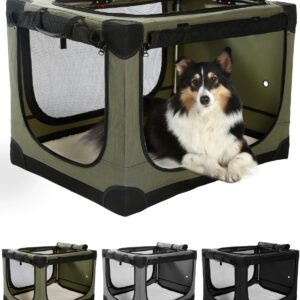 24 Inch Collapsible Travel Dog Crate for Medium Large Dogs, Portable Dog Crate 4-Door Foldable Soft Kennel with Chew-Proof Mesh Windows for Indoor & Outdoor Travel,with Storage Bag,Green