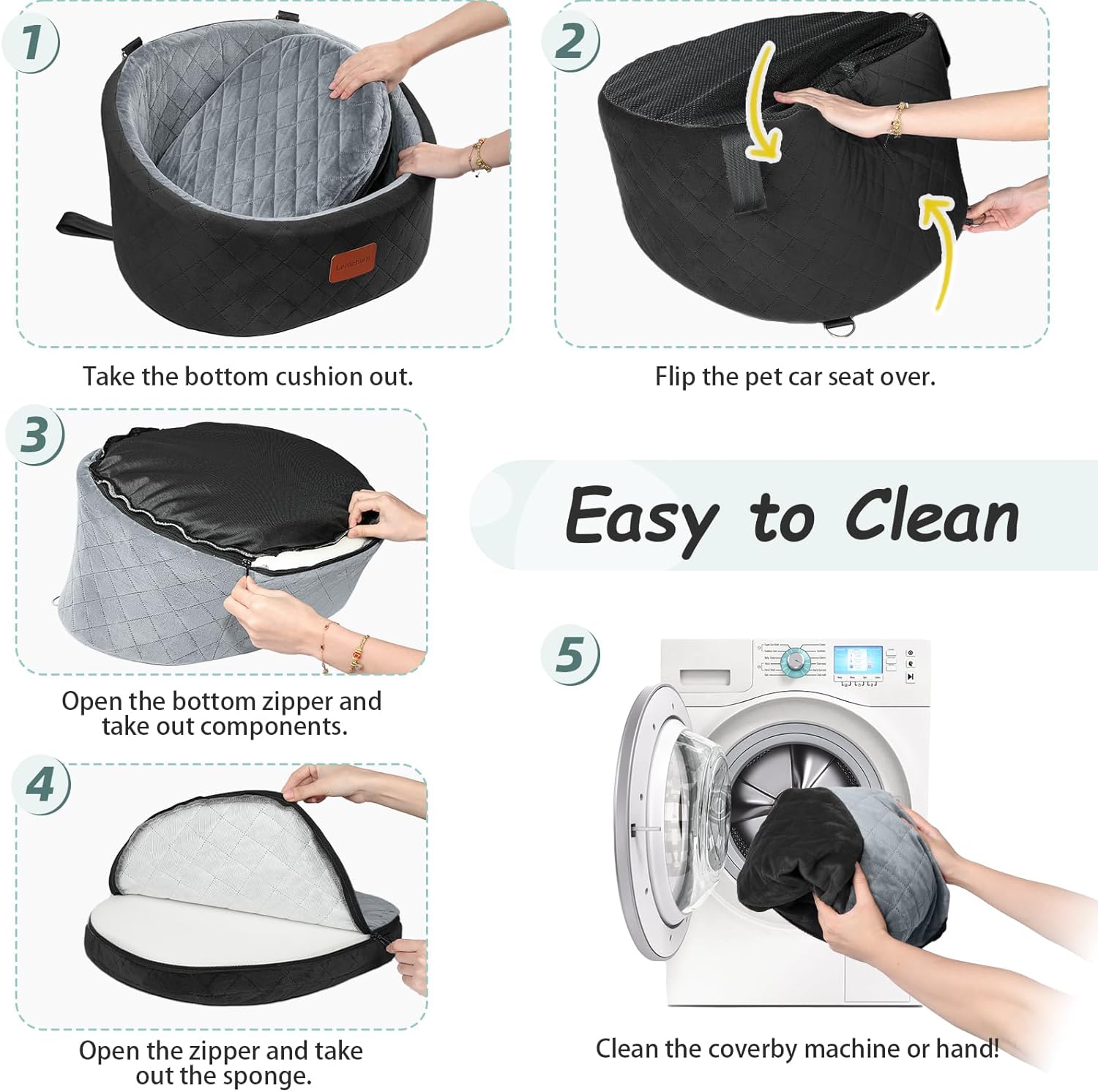 Dog Car Seat Up to 30 lb Dogs, 2 Adjustable Safety Dog Leashes, Pet Washable Travel Car Seat with Non-Slip Bottom, Easy to Install and Removable, Covered with Soft Fabric(Black/Grey, Small) - Image 6