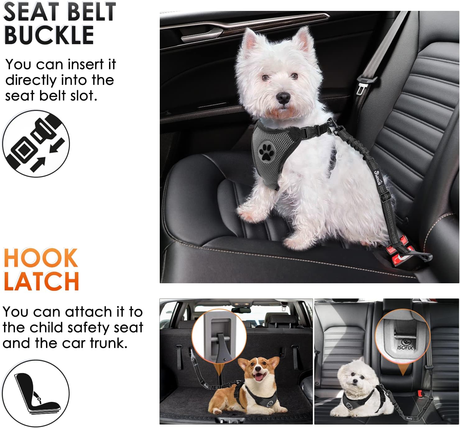 SlowTon Dog Seat Belt, Adjustable Dog Safety Belt Leash, 2 in 1 Latch Bar Attachment Dog Car Seatbelt with Elastic Nylon Bungee Buffer, Reflective Nylon Belt Tether Connect to Dog Harness (Black) - Image 2