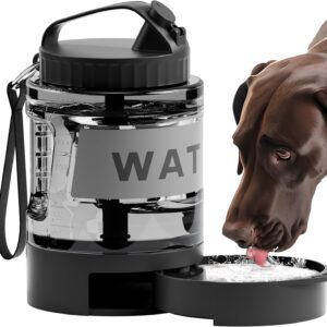77oz Portable Dog Water Bottle, Camping Essentials, Large Travel Bottle with Pull-Out Drinking Bowl, Portable Beach Accessories, Car Water Container for Dogs, BPA Free – Black