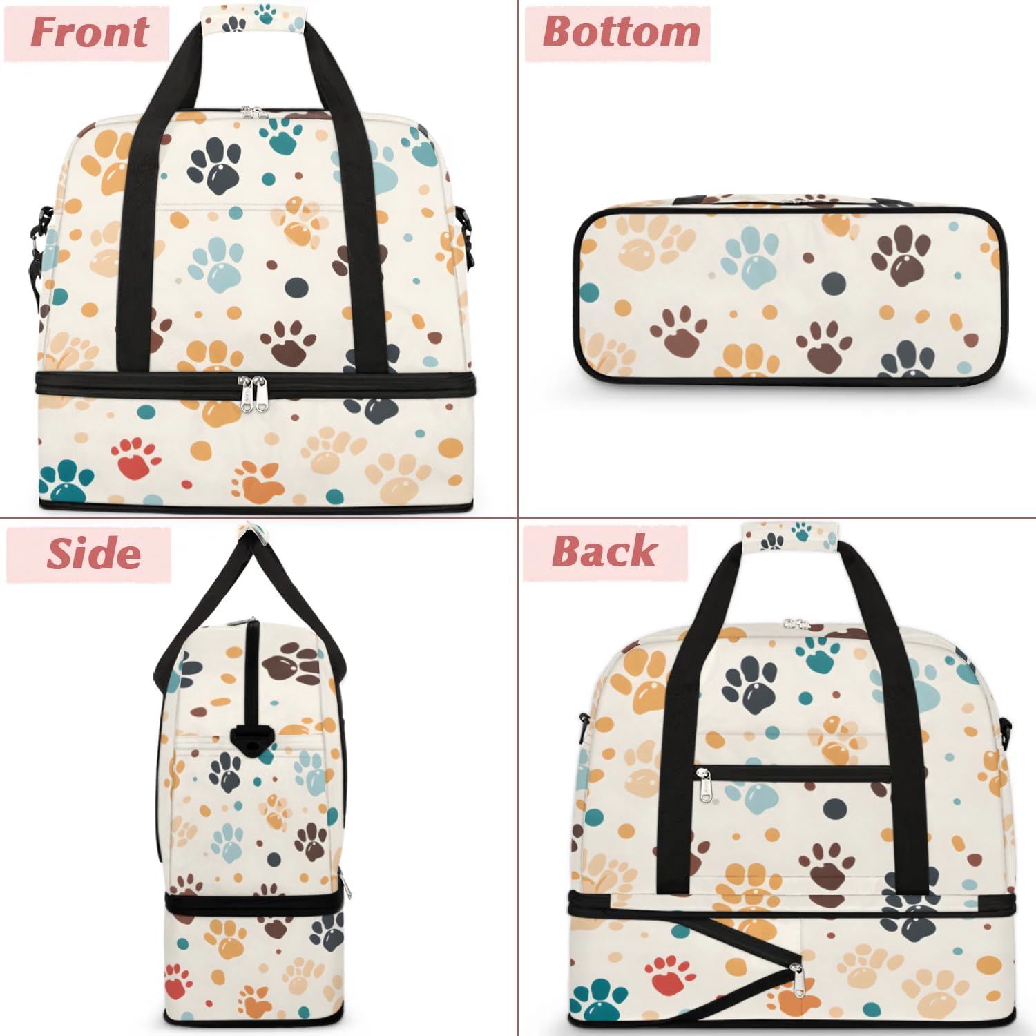 Foldable Travel Duffel Bag, Expandable Weekender Overnight Carry on Bags with Shoe Compartment Sport Tote Gym Luggage for Women Men, Dog Paws - Image 3