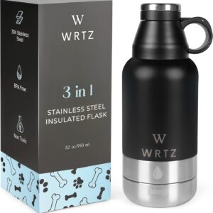 Stainless Steel Insulated Water Bottle with 2 Removable Water Bowls for Dogs – Leak-Proof Eco-Friendly Portable Dog Water Bottle - Travel Accessories for Dogs - 32oz - Black