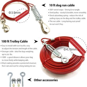 Heavy Duty Aerial Dog Tie Out Trolley System for Small to Large Dogs – 100ft Run Cable Zipline with 10ft Runner Cable Great for Yard Camping Outdoor (Red, 100 ft for one Dog up to 200 lbs)