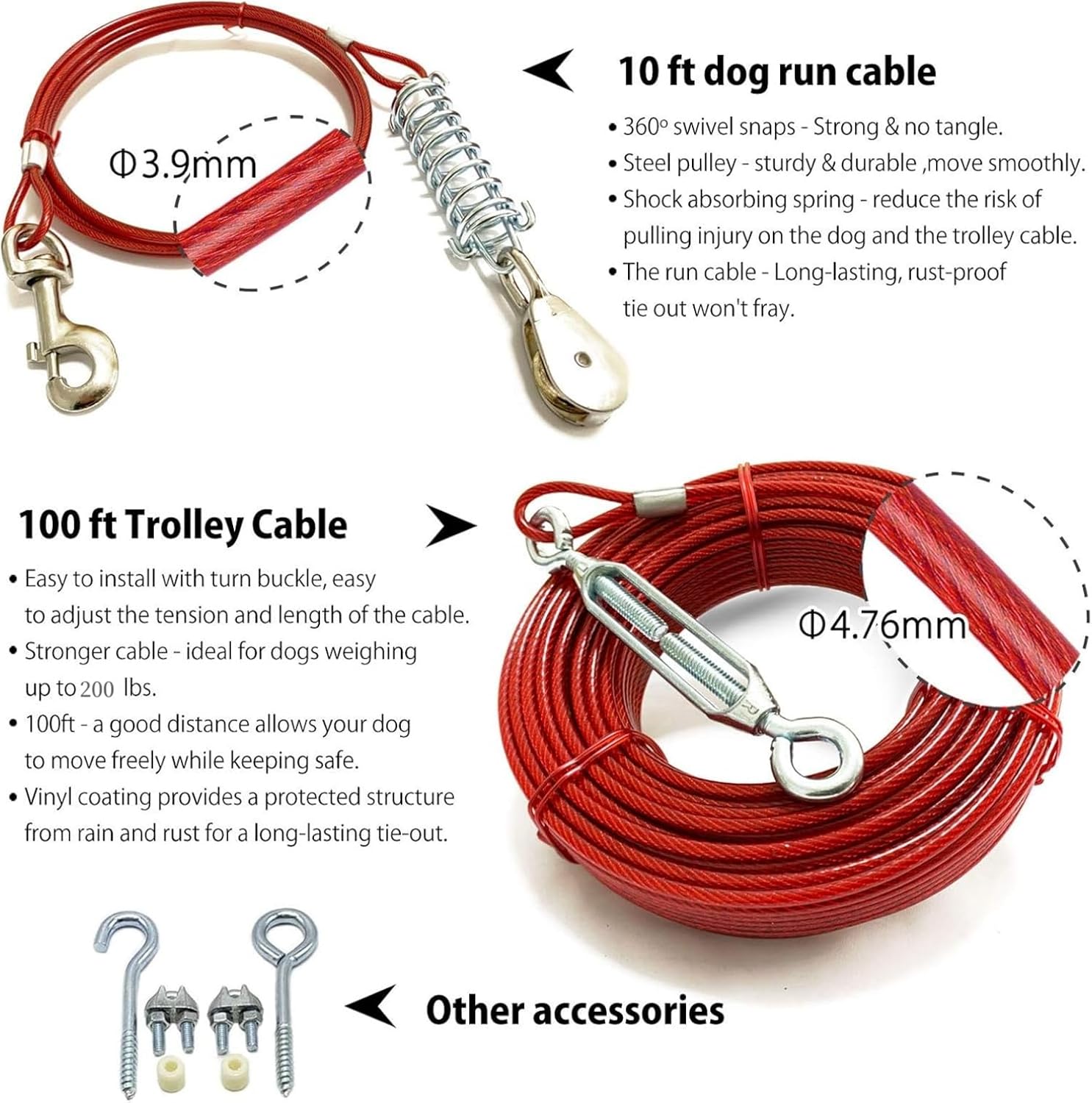 Heavy Duty Aerial Dog Tie Out Trolley System for Small to Large Dogs - 100ft Run Cable Zipline with 10ft Runner Cable Great for Yard Camping Outdoor (Red, 100 ft for one Dog up to 200 lbs) - Image 2