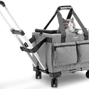 Pecute Cat Carrier with Wheels,Steel Wire Frame Cat Carrier, Stable Pet Trolley Bag for Cats, Pet Handbag and Stroller, Portable Cat Carrier Bag for Car Travel Bus Subway, Grey