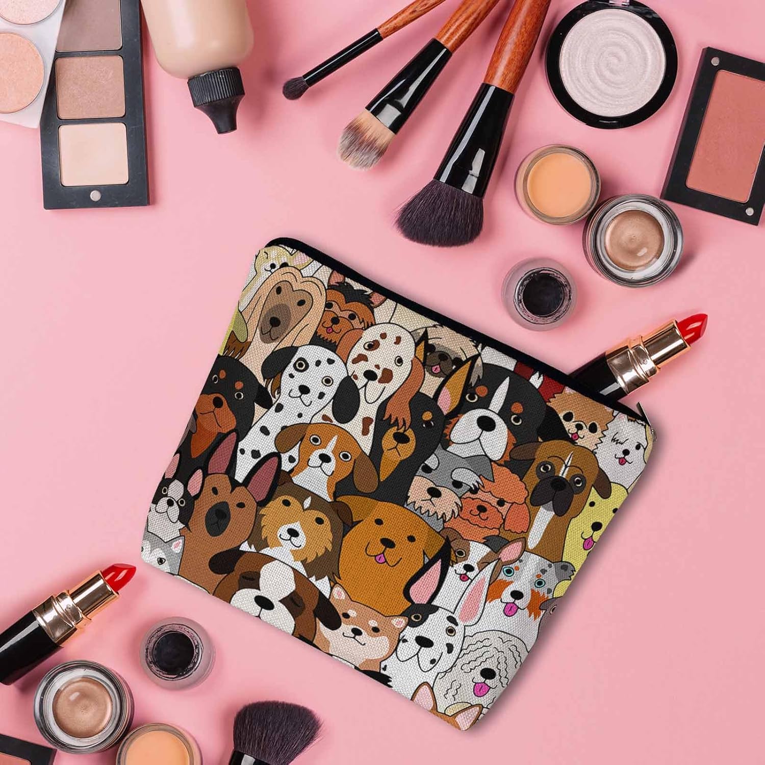 Dog Makeup Organizer Bag Cosmetic Bag For Men Women, Cute Puppy Pet Pug Dogs Travel Toiletry Bag Flax Makeup Bags Purse Business Makeup Pouch For Toiletries Cosmetics - Image 3