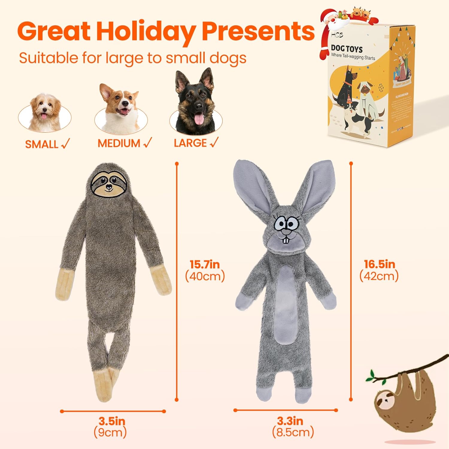 HGB No Stuffing Dog Toys for Aggressive Chewers, Squeaky Crinkle Plush Dog Toys to Keep Them Busy & Puppy Teething for Small, Medium, Large Breed, Cute Bunny & Sloth - Image 6