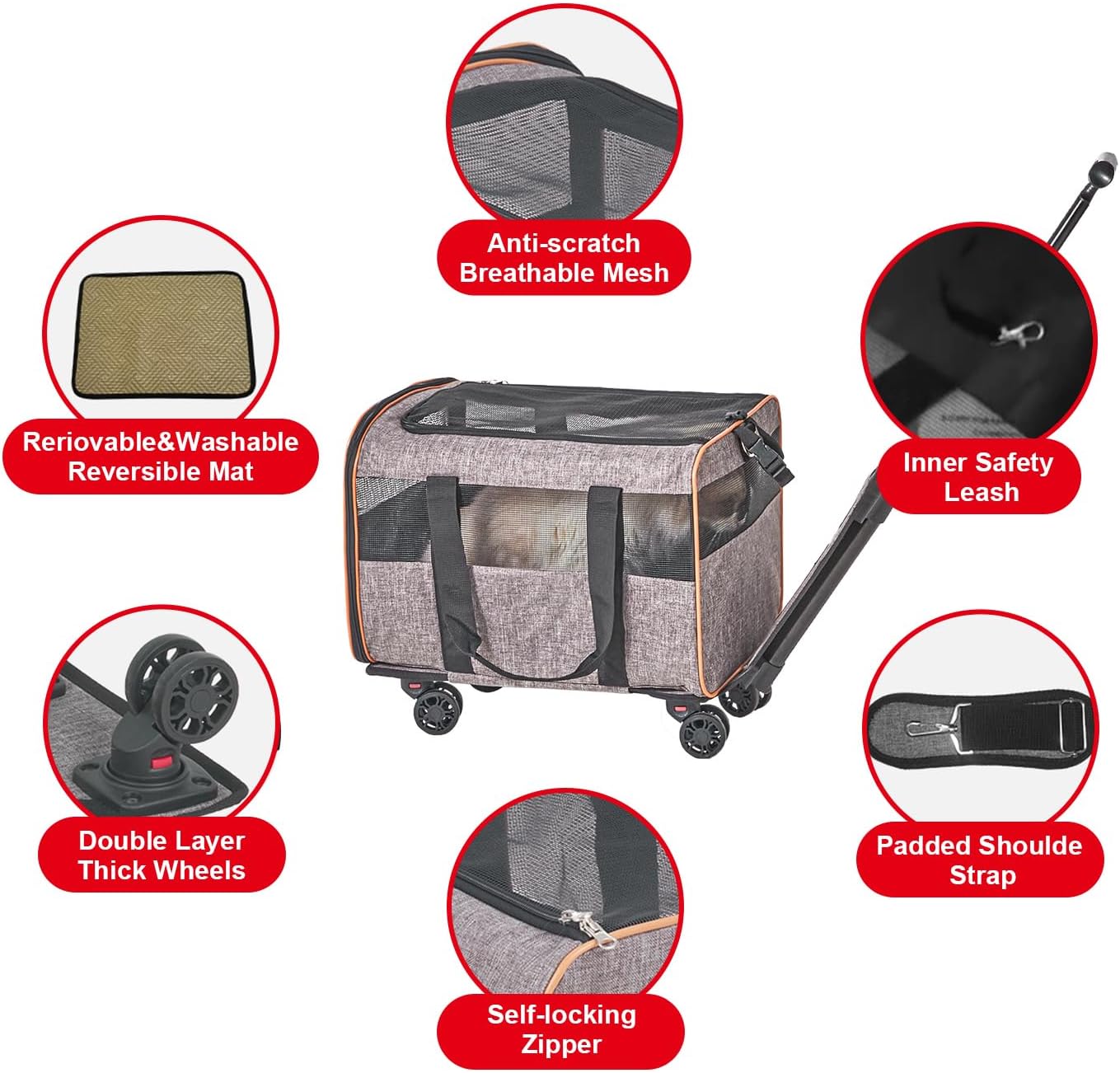 Happybuy Cat Carrier with Wheels, Airline Approved Rolling Pet Carrier with Telescopic Handle and Shoulder Strap, Holds Pets up to 22 lbs, Includes Folding Bowl, Grey - Image 7