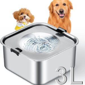 3L/101oz No Spill Dog Water Bowl, Slow Drinking Travel Dog Bowl Spill Proof, Stainless Steel Slobber Stopper for Messy Drinkers, Small Medium & Large Breeds, Square