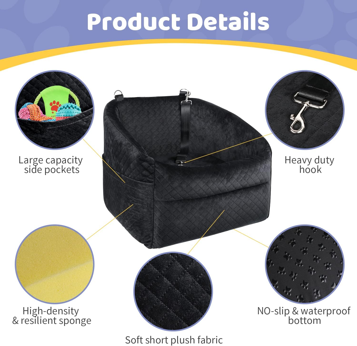 Dog Car Seat for Small/Medium Dogs, Upgrade Dog Booster Seat,Detachable and Washable Pet Car Seats with Thick Cushion Safety Leash and Storage Pockets(Black) - Image 4