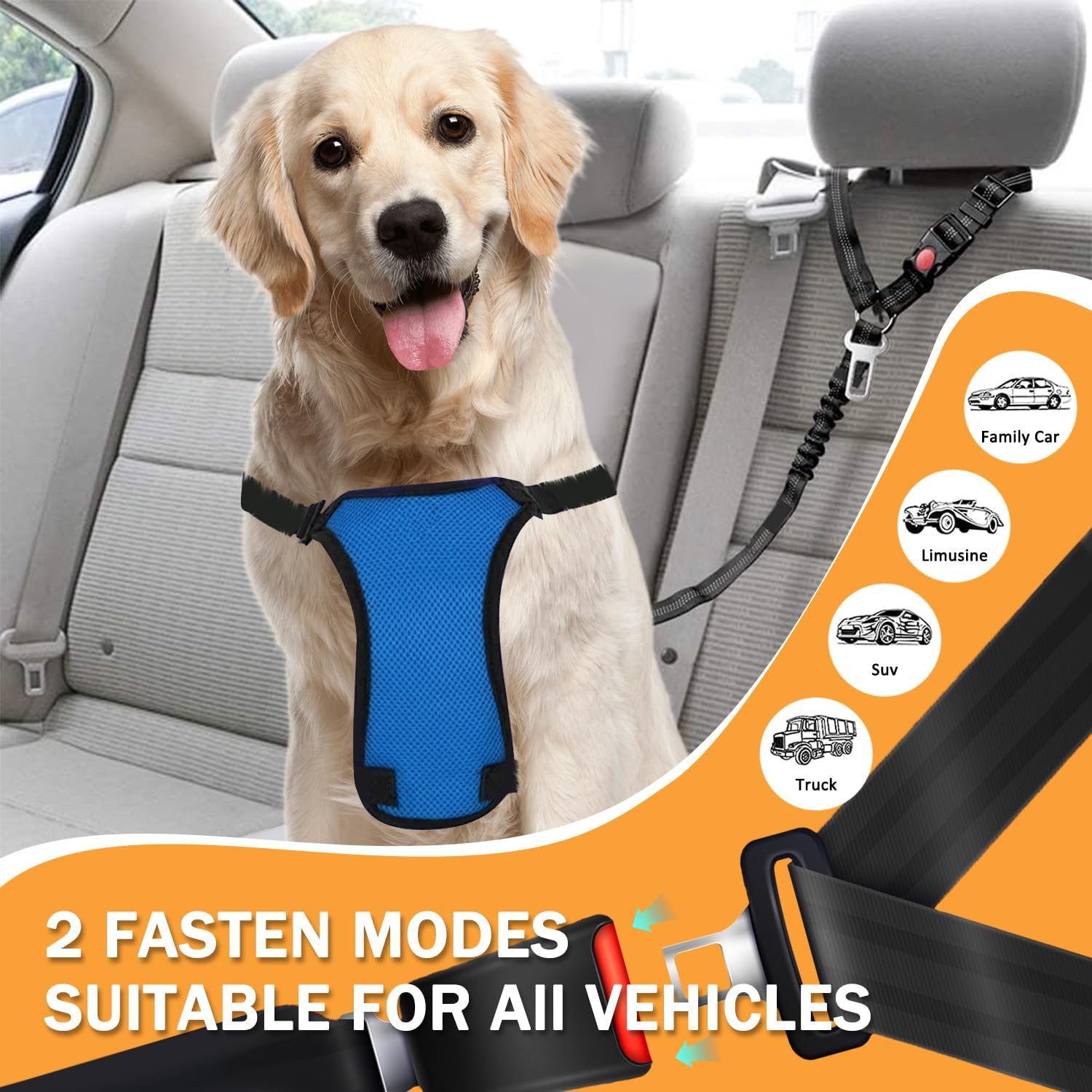 Vehicle Harnesses, 2 in1 Dog Belts for Cars, 2 Pack Pet Harnesses Headrest Restraint Clip Adjustable Dog Car Harness Belt with Anti-Shock Elastic Bungee Buffer for All Vehicles (Black) - Image 2