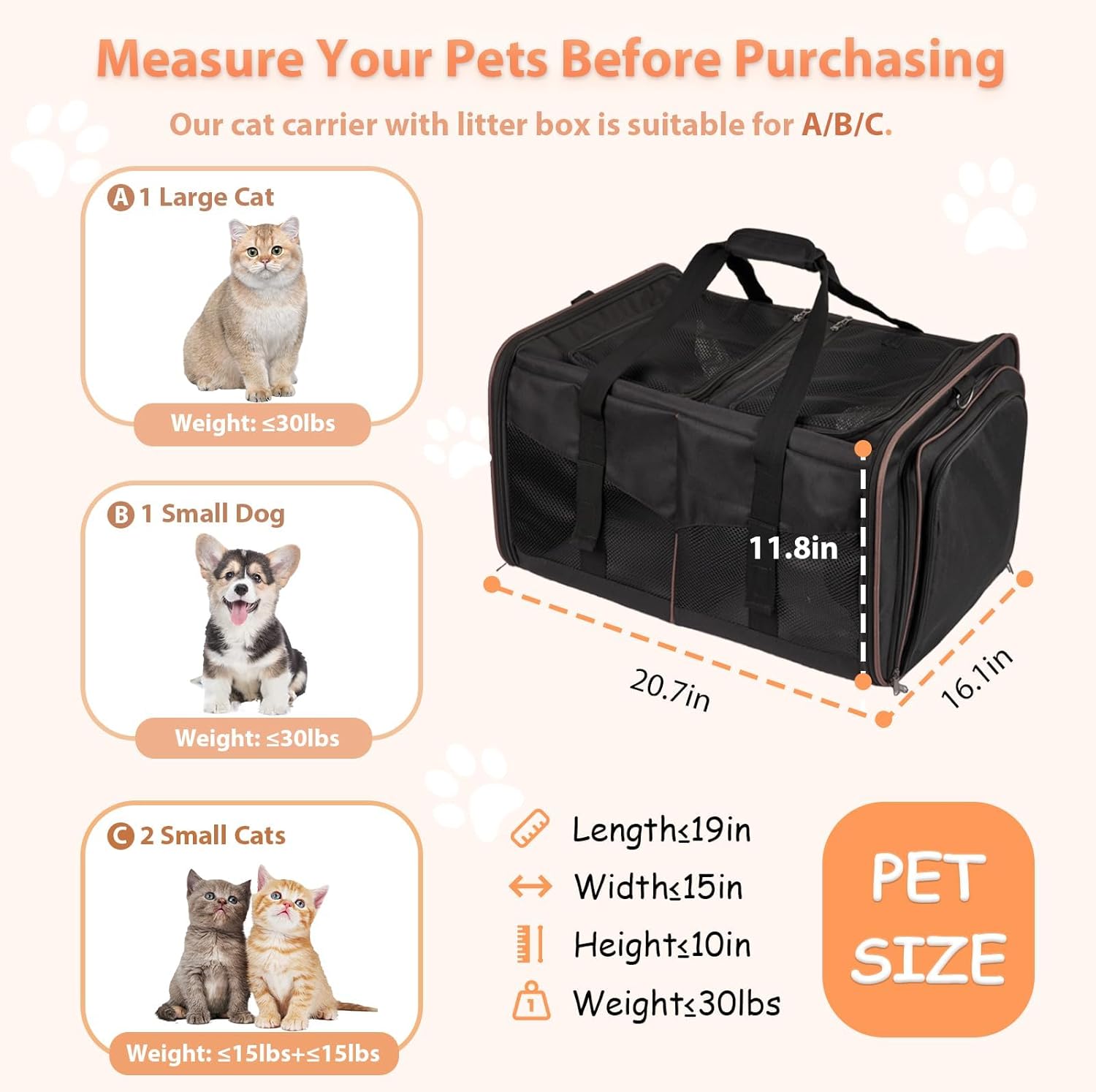 Cat Travel Carrier with Litter Box, Expandable Cat Carrier for 2 Cats for Car Travel, Soft Sided Pet Carrier for Cats and Dogs up to 30lbs, Black - Image 5