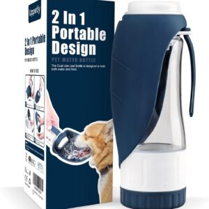 Dog Water Bottle, Pet Water Bottle with Food Container and Drinking Feeder, Leak Proof, BPA-Free, Portable Foldable Puppy Water Cup Dispenser for Outdoor Walking, Travel, Small Dark Blue