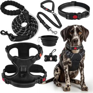 No Pull Dog Harness, Collar & Leash Set | Includes Dog Seat Belt, Collapsible Bowls & Poop Bag Dispenser. Ideal for Training, Walking, Hiking. Fits Small to Large Dogs(Black-S)