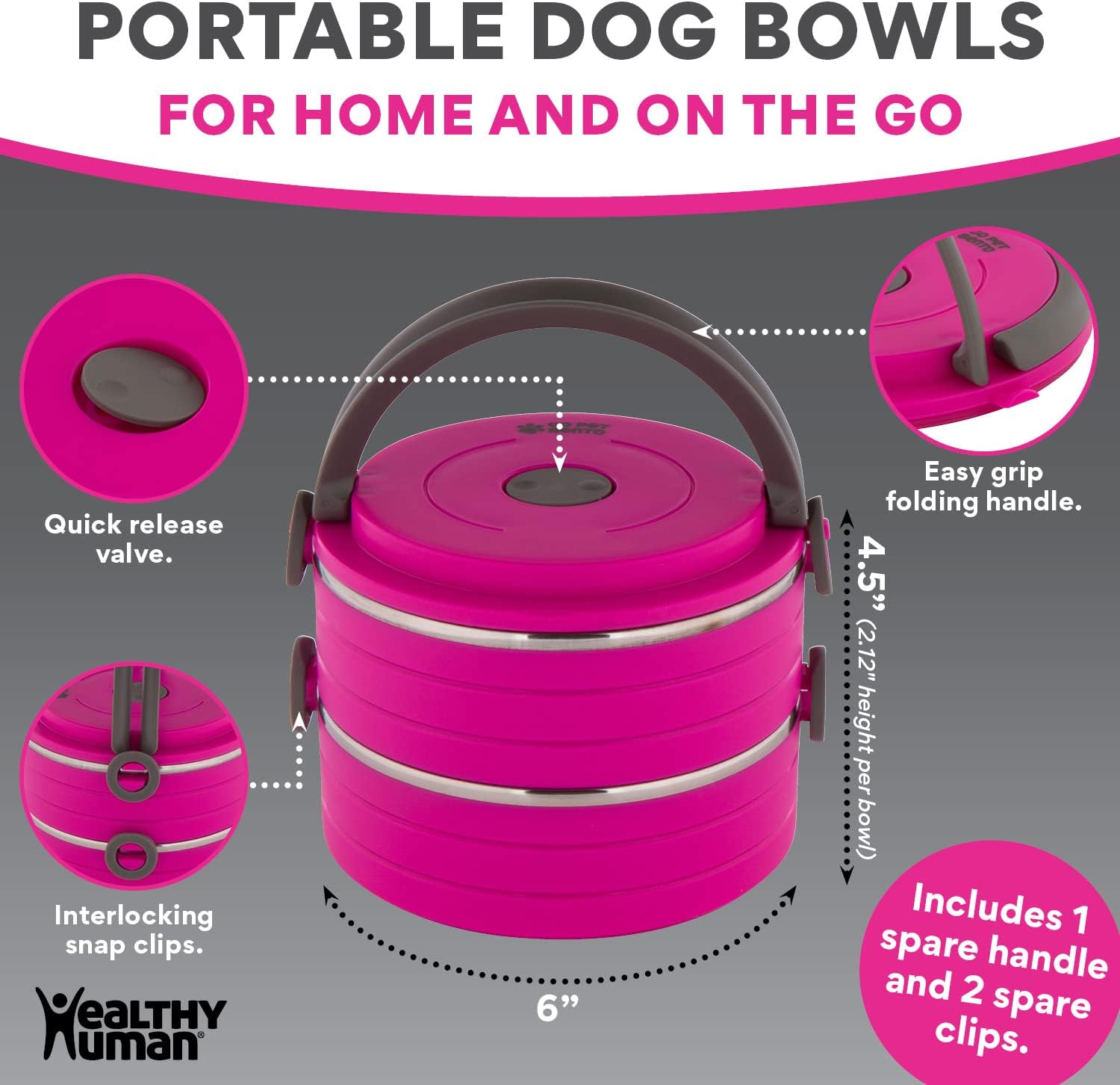 Healthy Human Travel Pet Bento Bowls - Human-Grade Stainless Steel & BPA-Free, Leak-Proof Water & Food Container Set for Dogs & Cats, 2-Pack Interlocking Bowls, Includes Spare Clips & Handle (Pink) - Image 5
