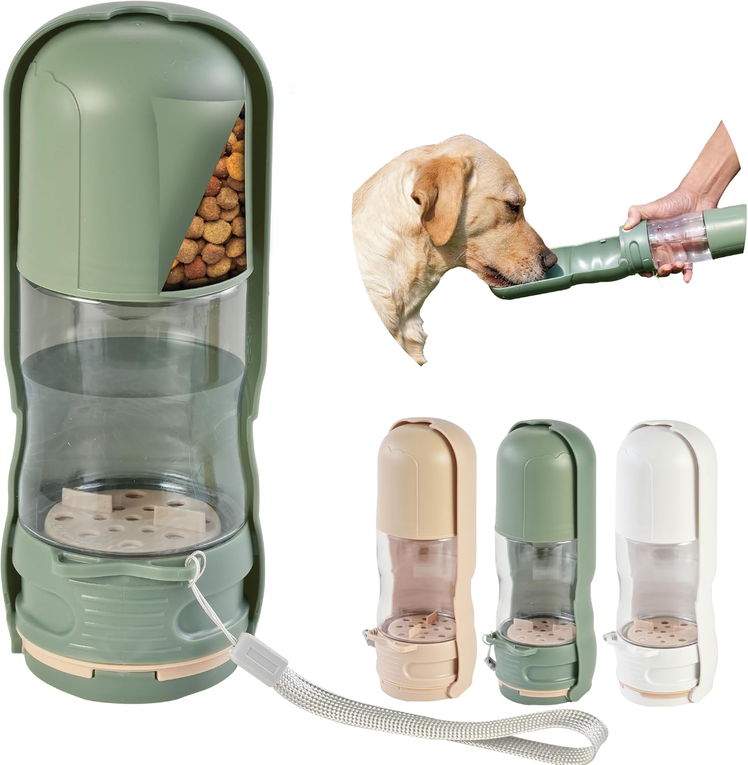 Portable Pet Food and Water Dispenser, 2 in 1 Cat & Small Dog Water Bottle & Food Container, Lightweight, BPA Free Pet Water Bottle Traveling Essentials for Walking & Hiking (Green, 13oz)