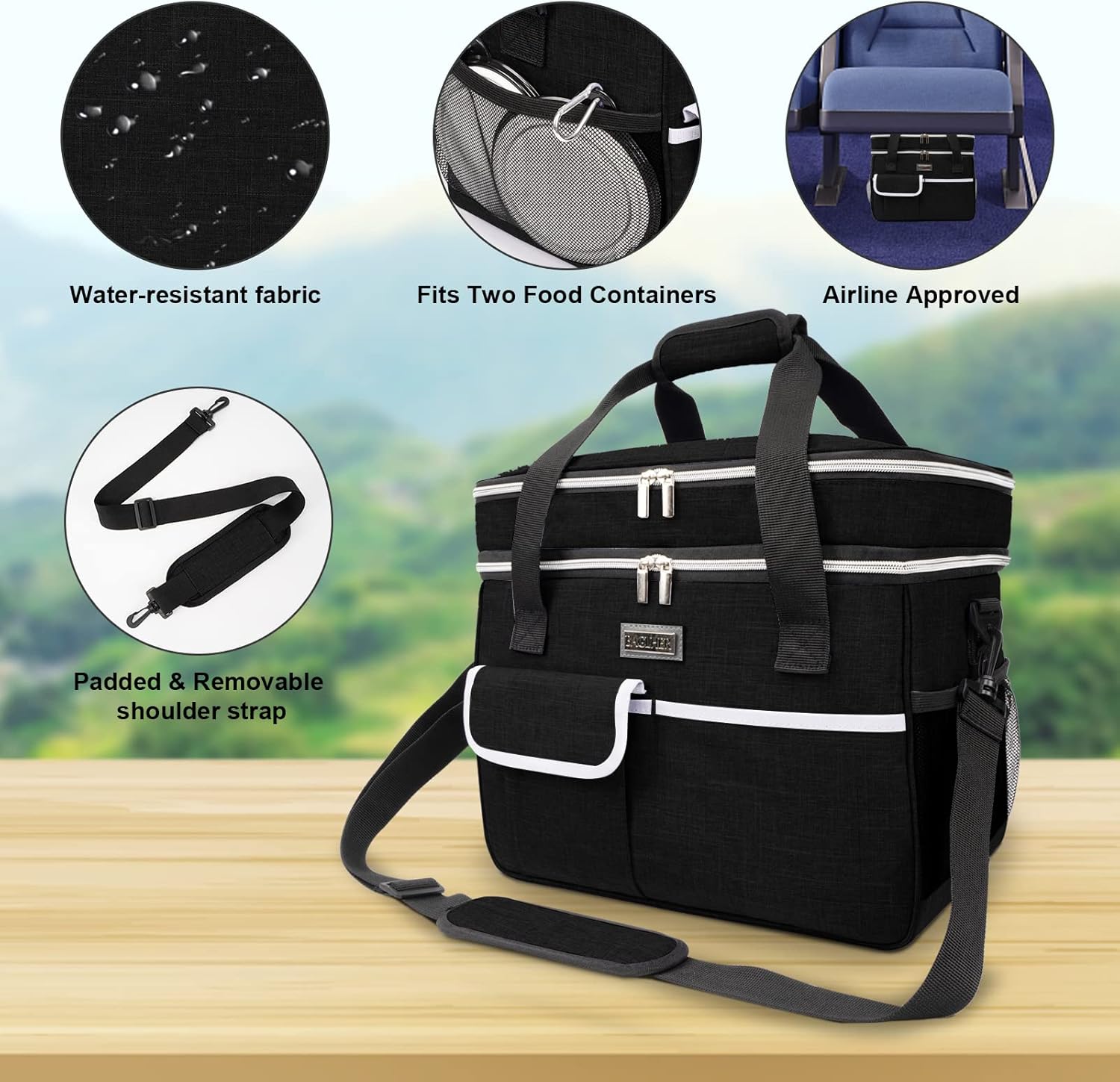 BAGLHER Dog Travel Bag for Supplies - Double-Layer Airline Approved Weekend Pet Travel Organizer Set for Dog and Cat Tote with 2 Pet Food Containers and 2 Collapsible Silicone Bowls Black - Image 5