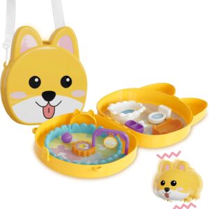 Portable Dog House Toy Playset – Simulated Pet Care with Bath Set, Feeding Set & Electronic Dog | Travel Toy with Handle & Crossbody Strap | Gift for Kids & Toddlers Ages 3-8+