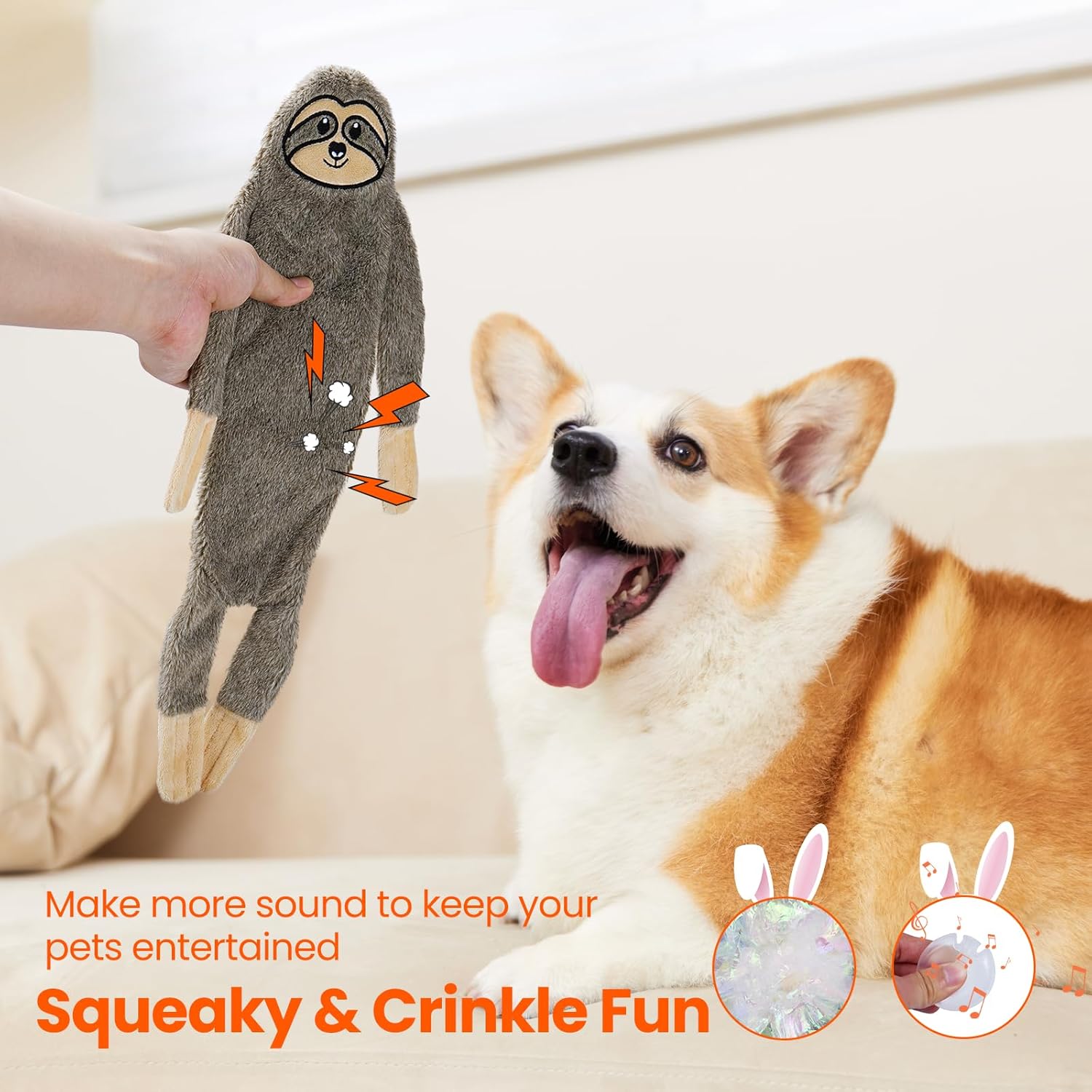 HGB No Stuffing Dog Toys for Aggressive Chewers, Squeaky Crinkle Plush Dog Toys to Keep Them Busy & Puppy Teething for Small, Medium, Large Breed, Cute Bunny & Sloth - Image 2