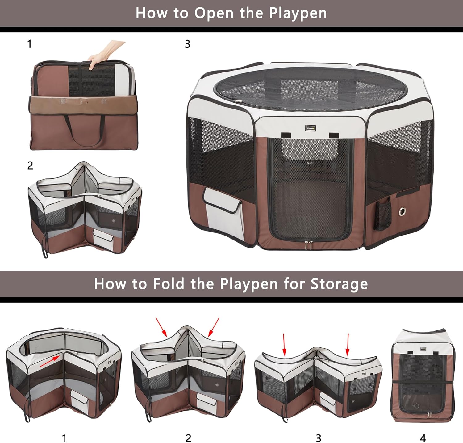 DONORO Dog Playpen 46" Portable Pet Play Pens for Small Medium Dogs, Foldable Exercise Kennel Tent Crate Indoor/Outdoor Travel Camping, Removable Top/Bottom (Brown, Large (46"x46"x23"), 8) - Image 3