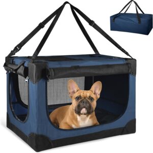 Soft Collapsible Dog Crate - 24 inch Portable Travel Puppy Crate for Small Pets or 2 Cats, Pet Carrier with 4 Mesh Doors, Car Kennel for Dogs with Handle for Indoor and Outdoor, Bule