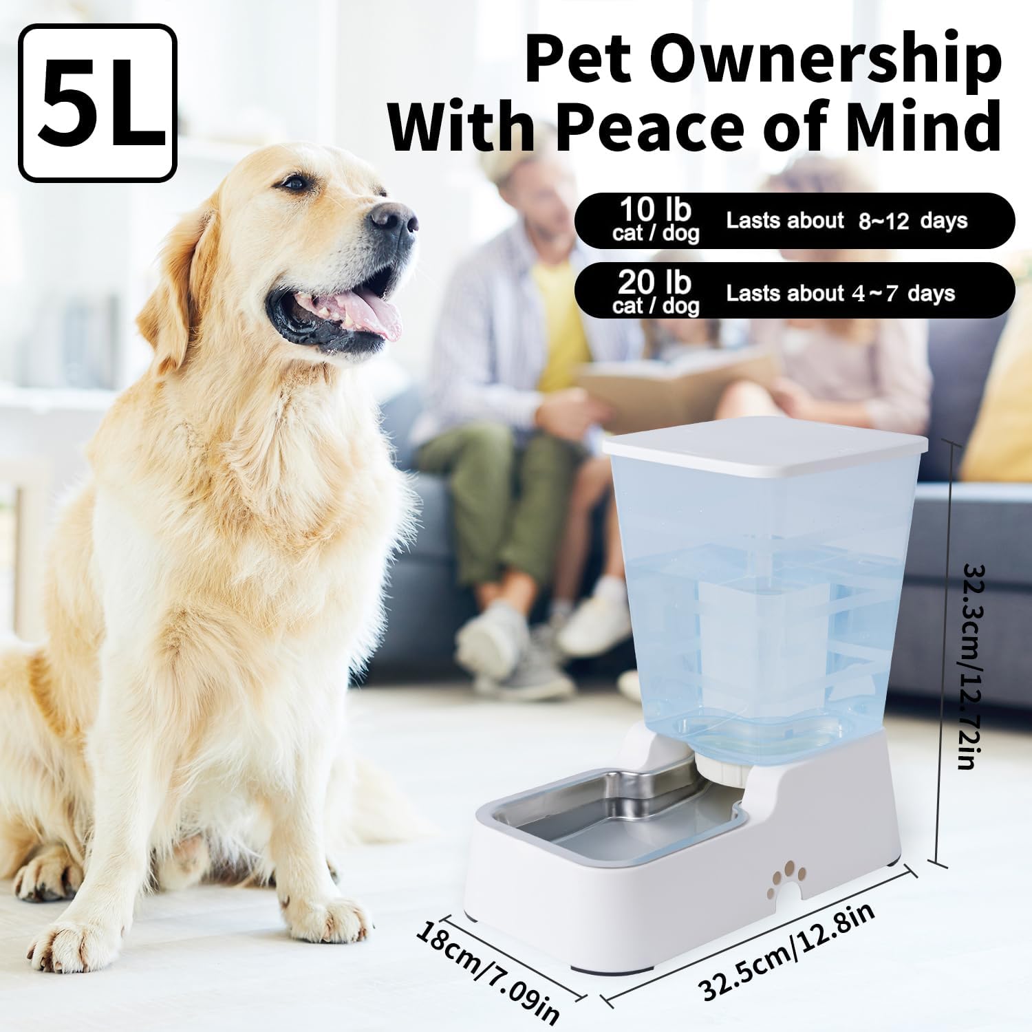 Meikuler Automatic Dog Cat Water Dispenser Large Capacity 5Lfor Cats and Medium and Large-Sized Dogs with Stainless Steel Bowl (White, 5L) - Image 3