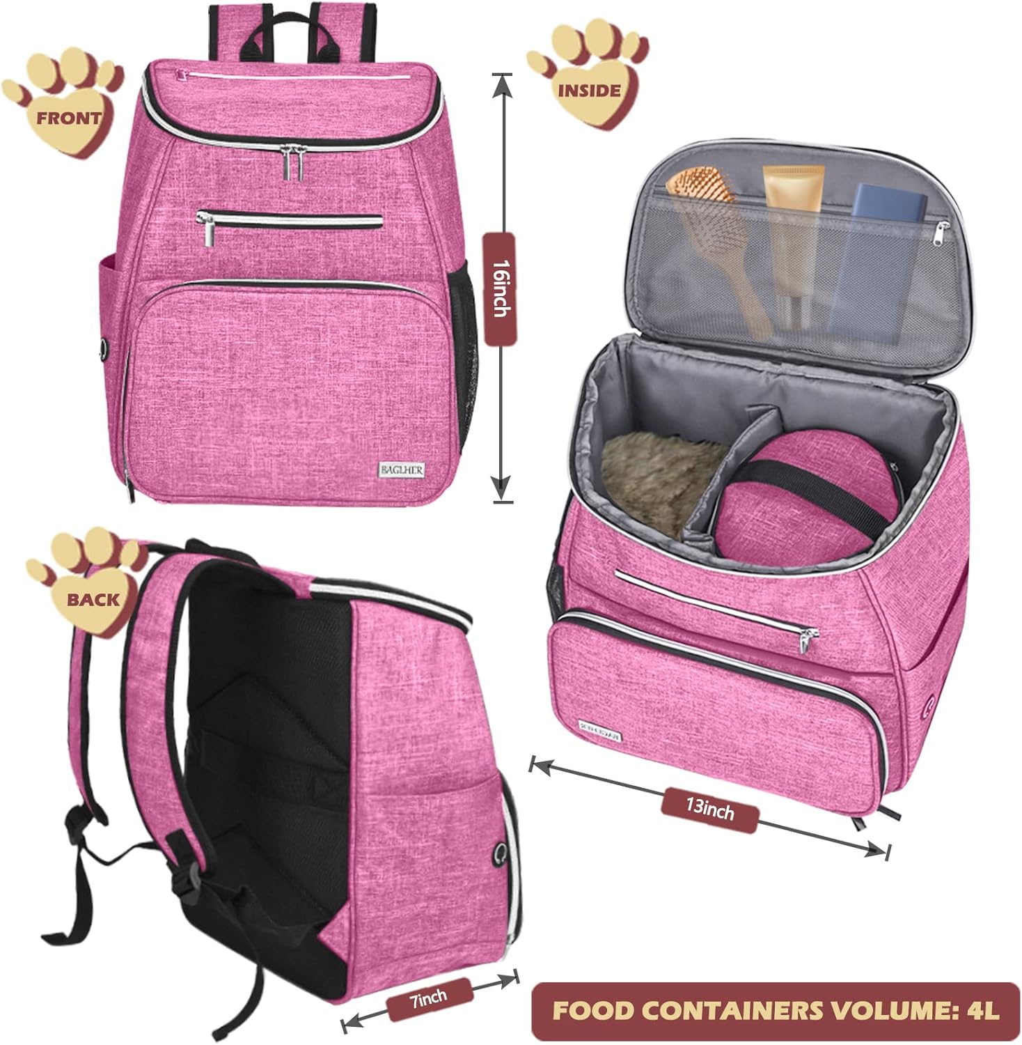 BAGLHER丨Dog Travel Bag Backpack, Airline Approved Pet Supplies Backpack, Dog Travel Backpack with 2 Silicone Collapsible Bowls and 2 Food Baskets Pink - Image 3