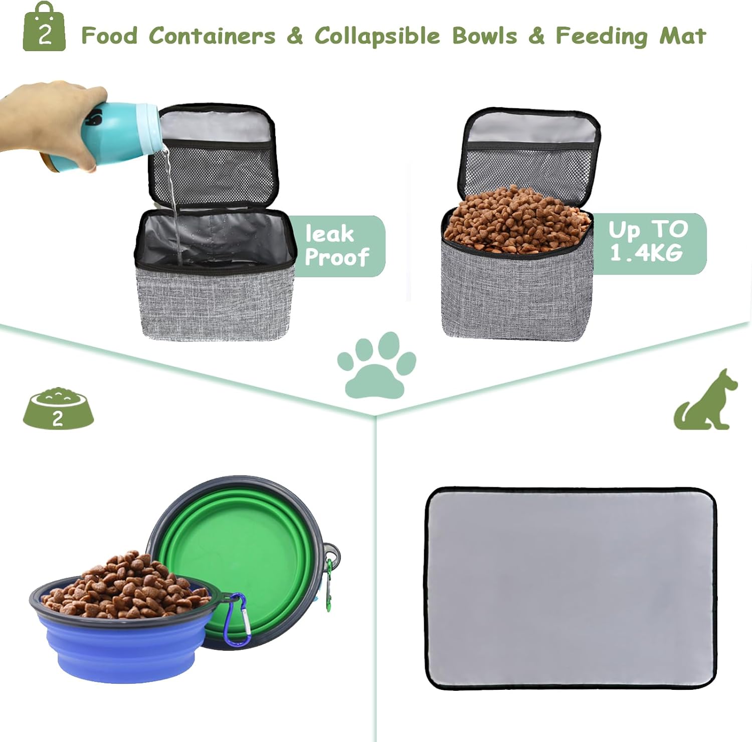 WOLT Dog Travel Bag Dog Bag for Traveling and Supplies with 2 Collapsible Bowls, 2 Food Containers, 1 Place Mat, Grey - Image 4
