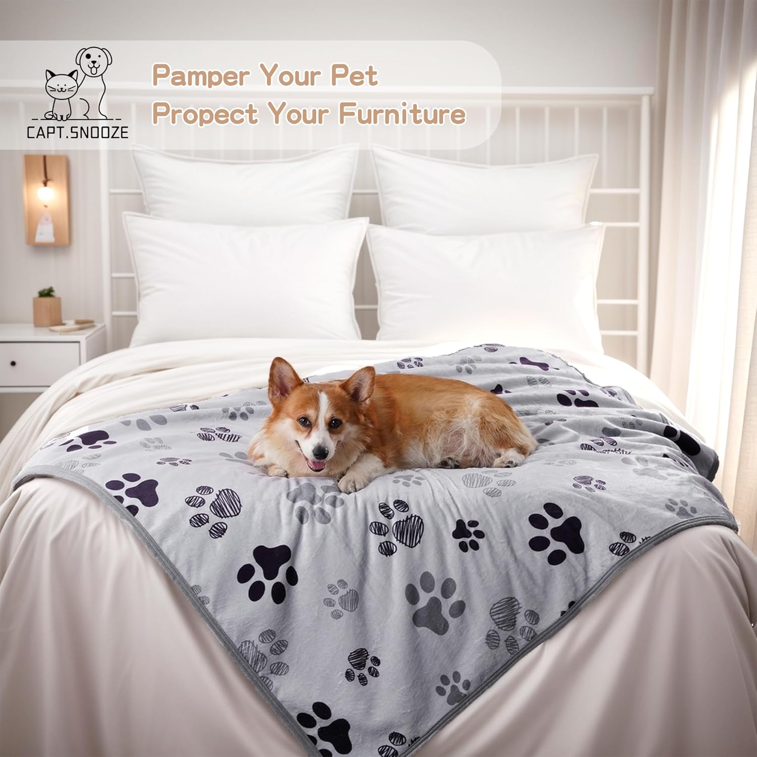 Waterproof Dog Blankets Pet Blanket 50"x60", Soft Fluffy Sofa Car Bed Protector, Reversible Sherpa Fleece Dog Blanket for Large Dogs (Light Grey-Paws) - Image 5